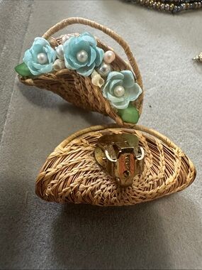 Handcrafted Wicker Flower Clip Earrings in Light Blue with Pearls